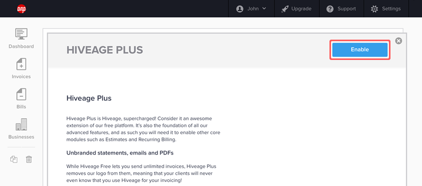 Enable button on the Hiveage Plus module page