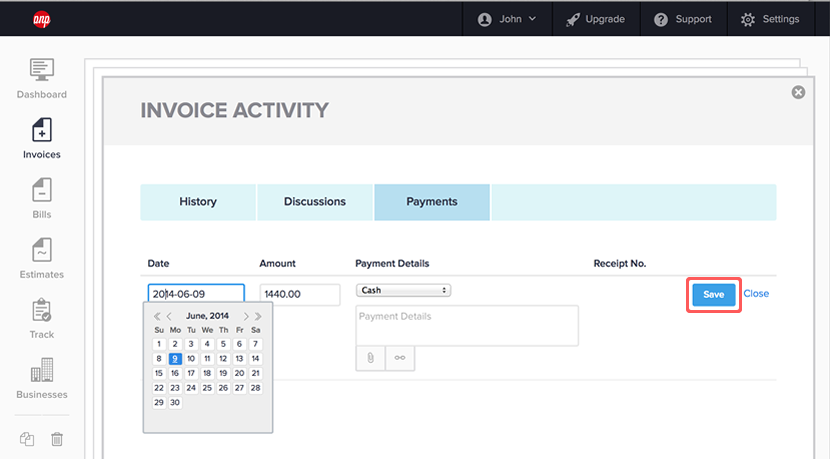 Entering payment details for an invoice