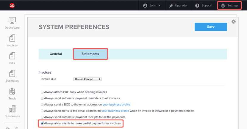 Enabling partial payments for all invoices by default