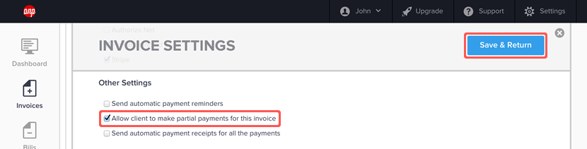 Enabling partial payments from Invoice Settings