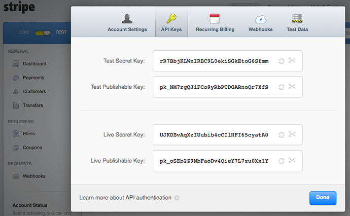 Stripe test and live API keys