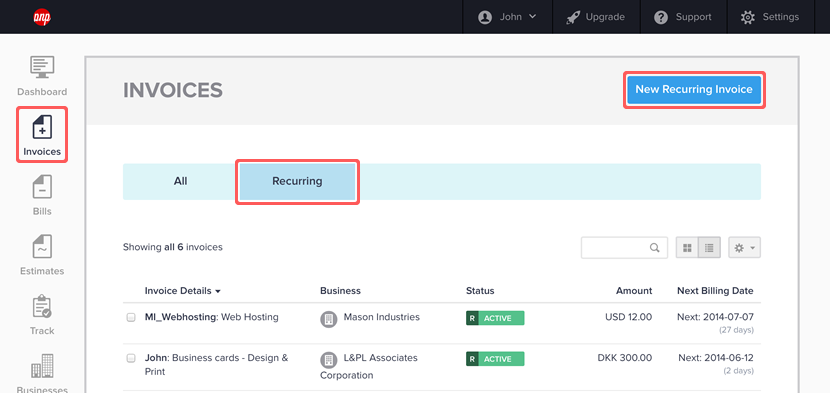 Creating a new recurring invoice
