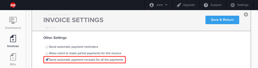 Enabling payment receipts for an invoice
