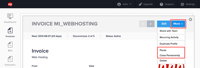 Pausing or closing a recurring profile