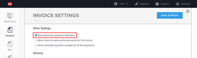 Enabling automatic reminders for an invoice