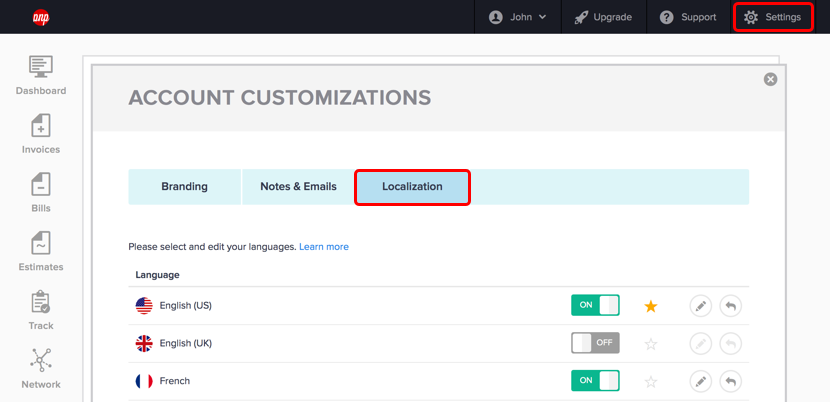 Localization section in Hiveage